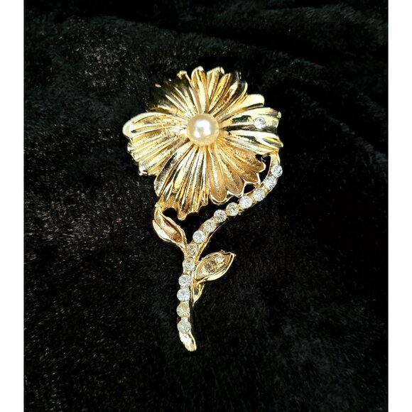 vintage gold tone floral design chrystal lined stem brooch - Picture 1 of 11